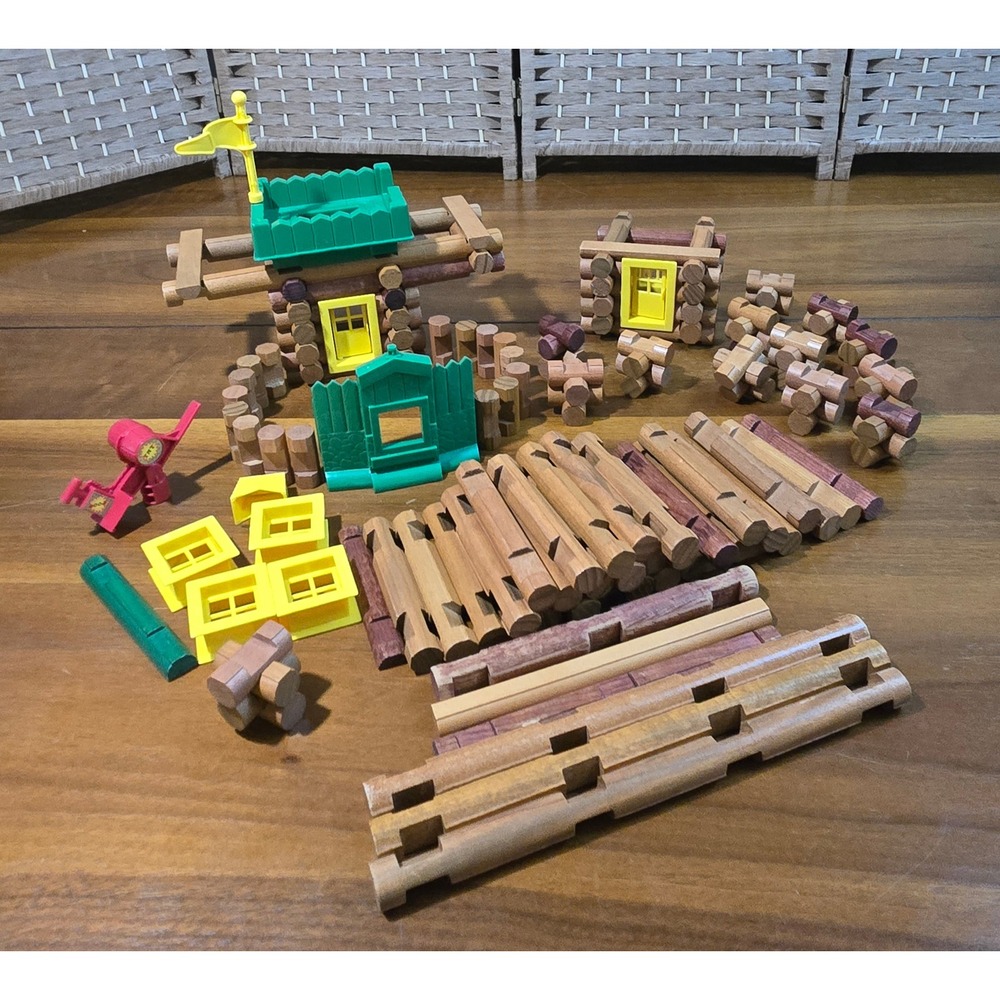 Lincoln Logs Wooden Building Set Bulk Lot Log Cabin Frontier Toy with Windows